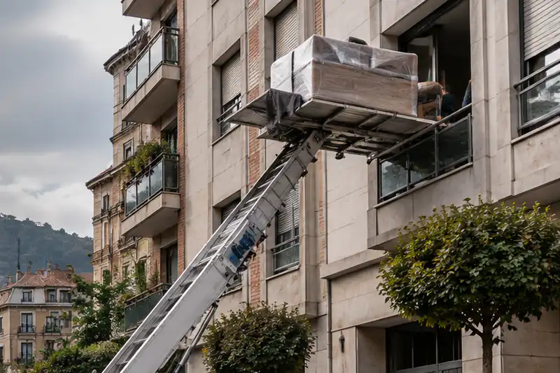 Montamuebles con un sofá embalado sobre la plataforma, a la altura de un balcón